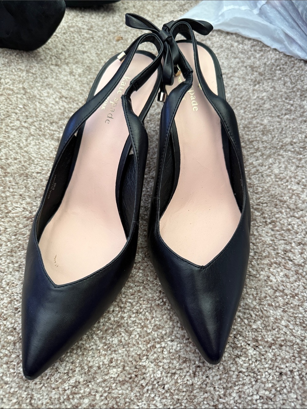 kate spade Black Pointed Leather Slingback Heels with Bow